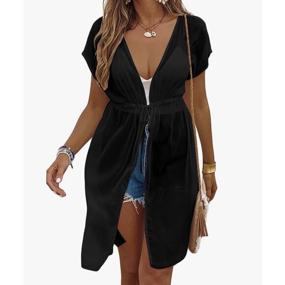 Ekouaer Women's Chiffon Sheer Cardigan Cover Ups Drawstring Black Size XL - Picture 8 of 10